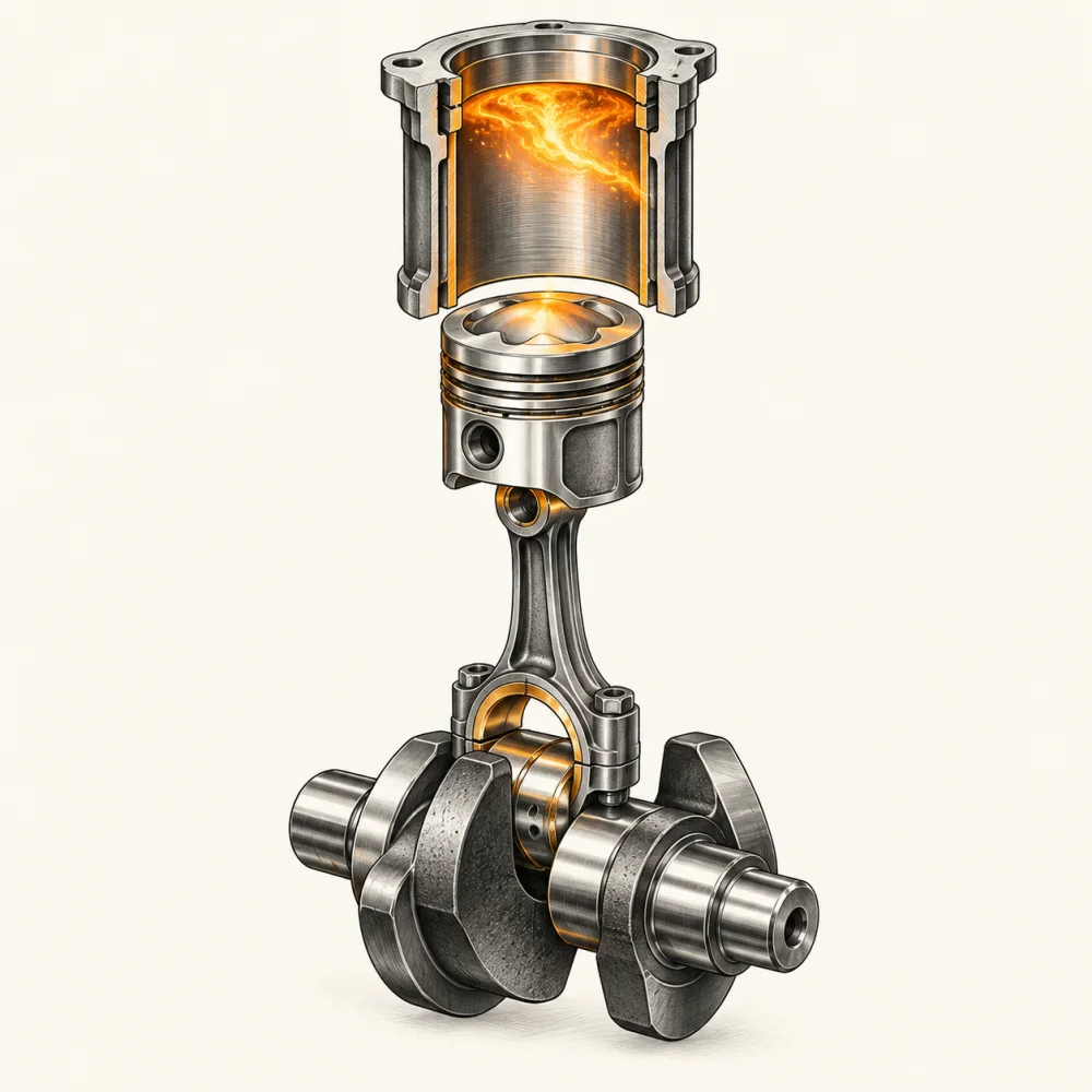 Exploded illustration of a cylinder, piston, connecting rod and crankshaft